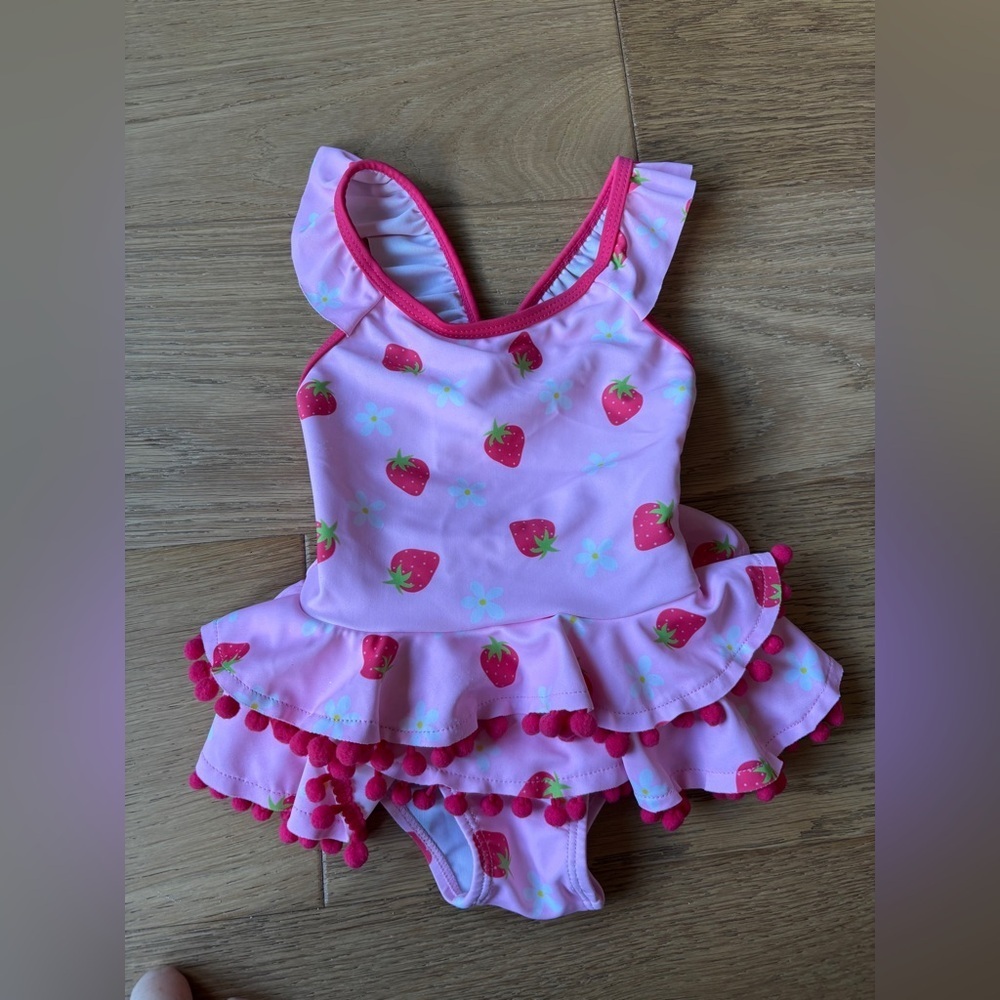 Strawberry print ruffle skirt swimsuit 12mo